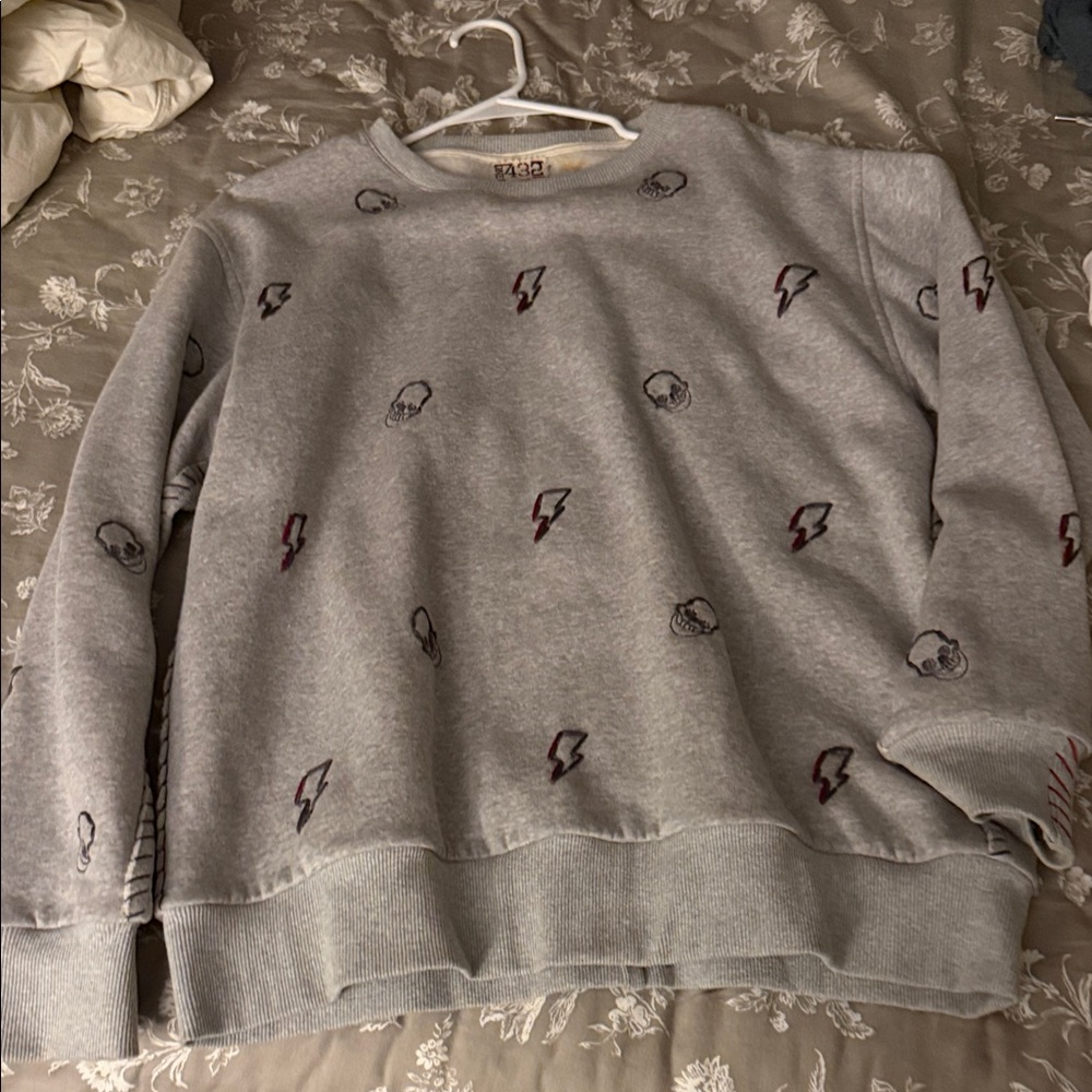 Gray Crewneck Sweater with Lightning Bolt Design